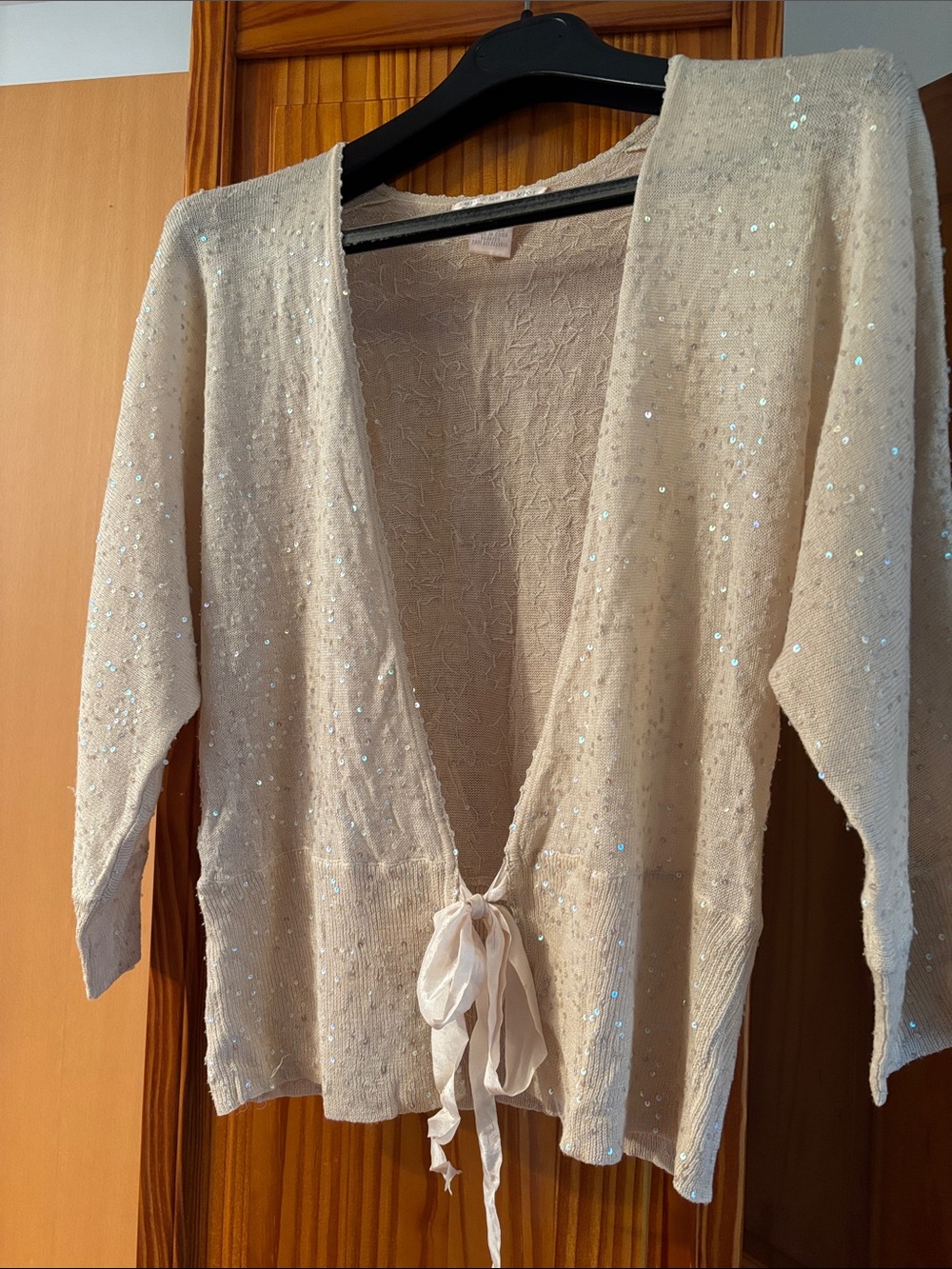 Rebecca Taylor Cream Sequin Tie-Front Cardigan